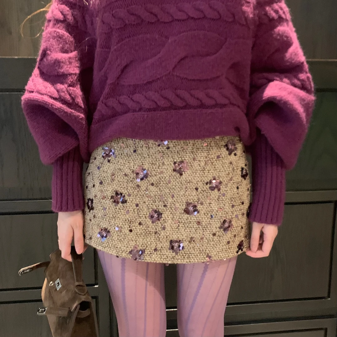 Yucii 小香风红色亮片低腰半裙女秋冬外穿百搭显瘦加厚短裙