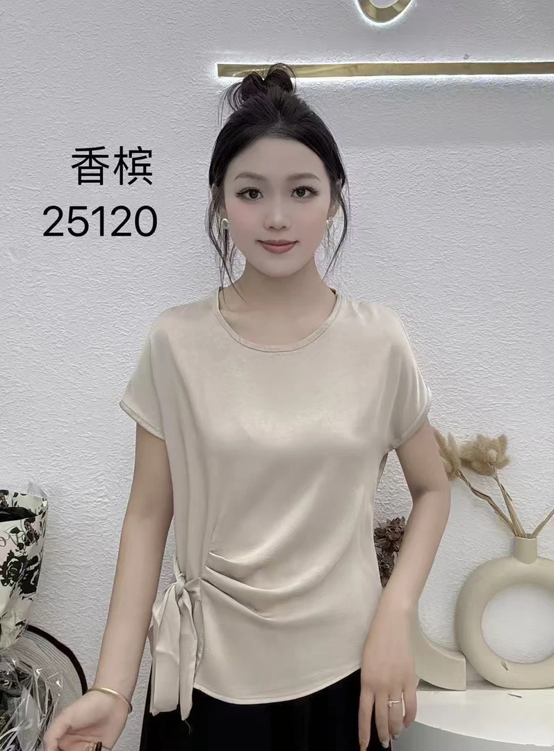 2025夏季新款时尚设计圆领带飘带缎面短袖显瘦收腰气质时尚百搭