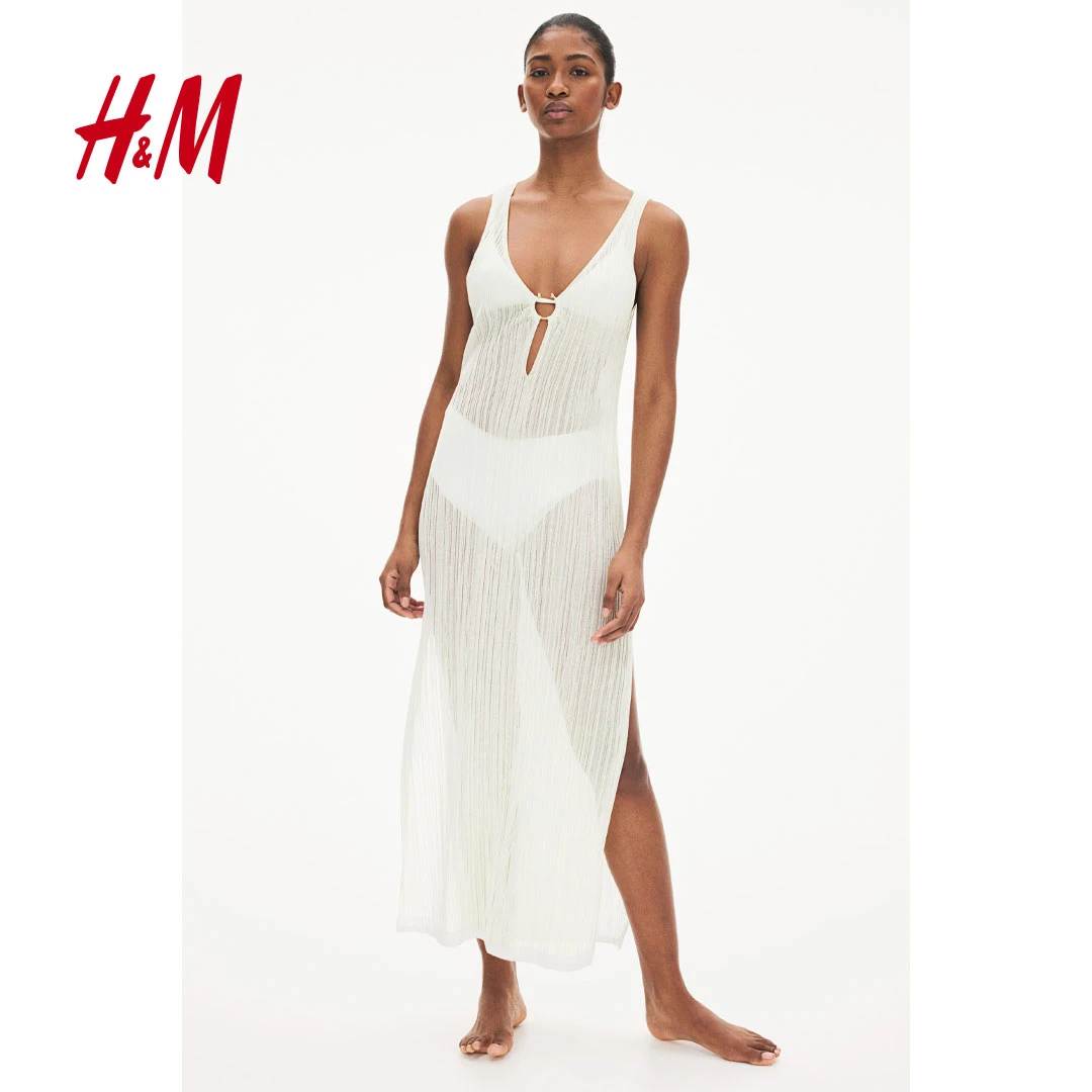 HM女装2025春新款度假风罗纹针织无袖独特漂亮开叉连衣裙1271310
