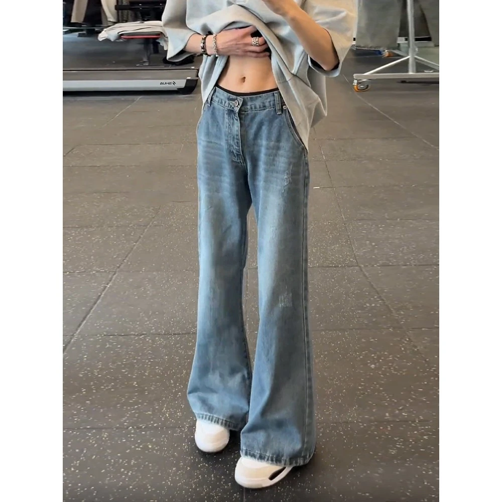 复古蓝微喇牛仔裤男款夏季显瘦显腿长提档裤子高街潮牌阔腿弯刀裤