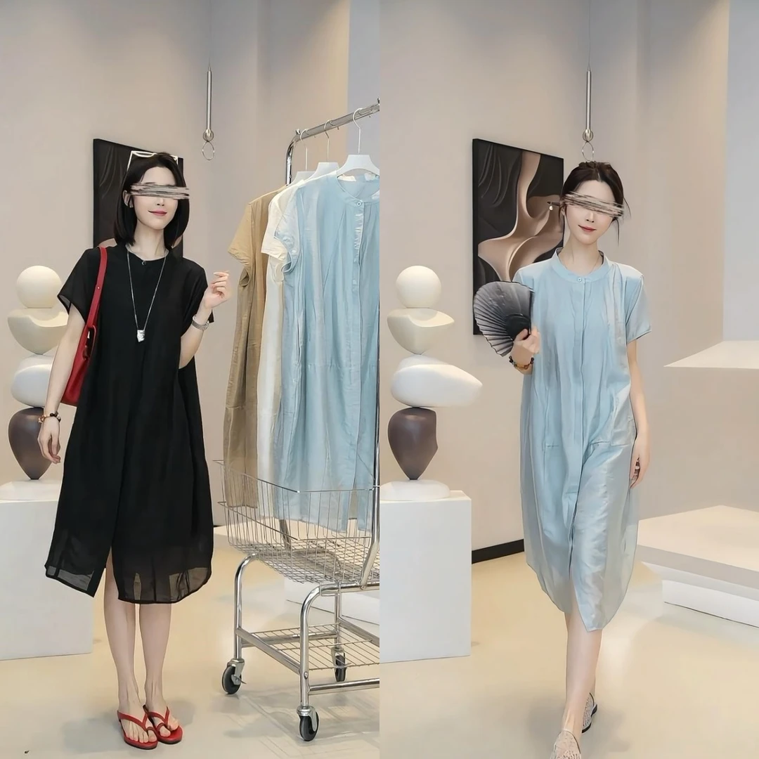 2025年单排扣高夏季极简风圆领连衣裙休闲韩版洋气外穿宽松