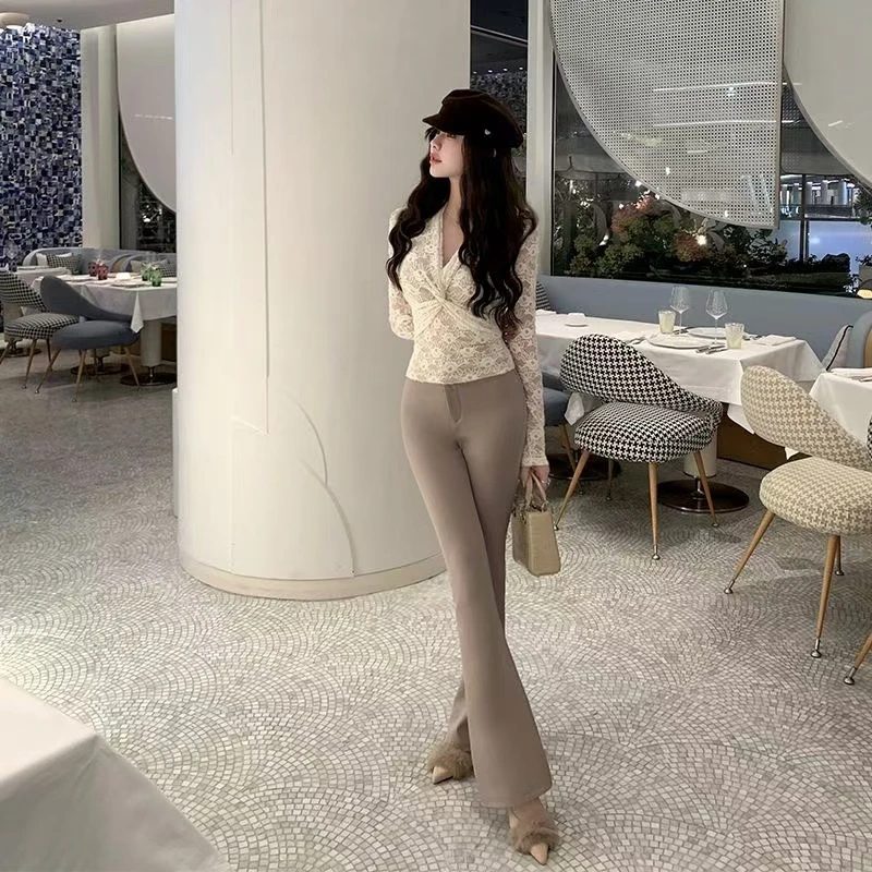 【TONG】加绒喇叭裤女冬季高腰直筒休闲微喇装裤显瘦弹力长裤（093）