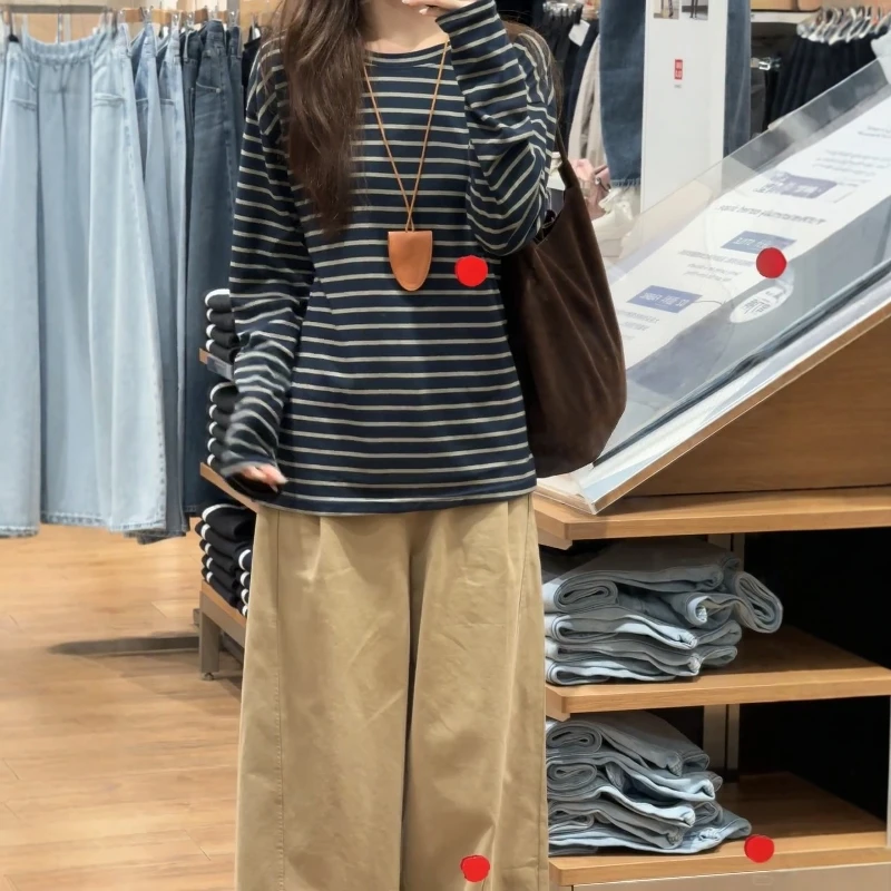 韩系复古oversize撞色设计感条纹卫衣搭配阔腿裤两件套ins秋季女