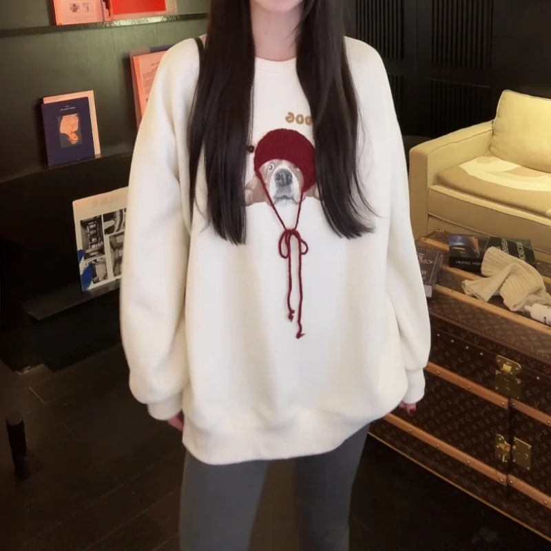 韩版时尚卡通减龄狗狗刺绣加绒卫衣女2025秋冬新款休闲中长款上衣