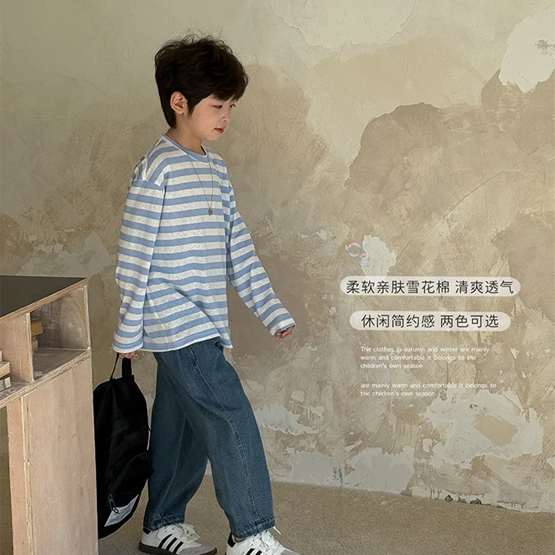 虾酱麻麻男童长袖t恤春秋装2025新款洋气撞色条纹儿童装打底上衣