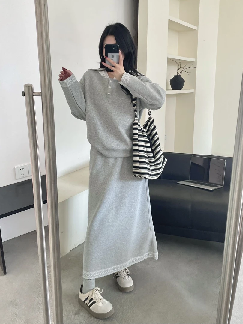 2025年春季新款蕾丝花边连帽卫衣裙运动套装