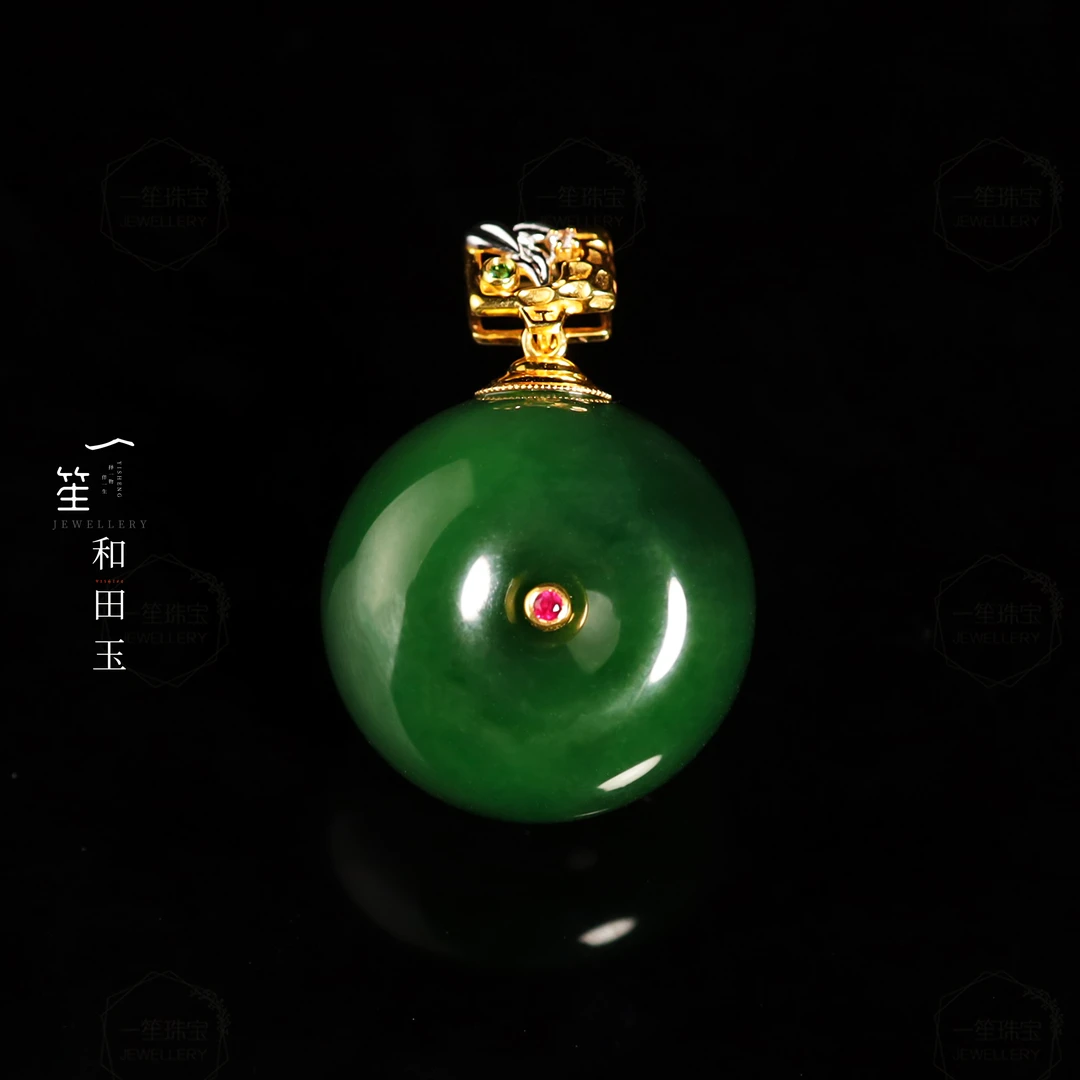 【一笙珠宝】和田玉碧玉菠菜绿绿平安扣吊坠18k金镶嵌  YS20060