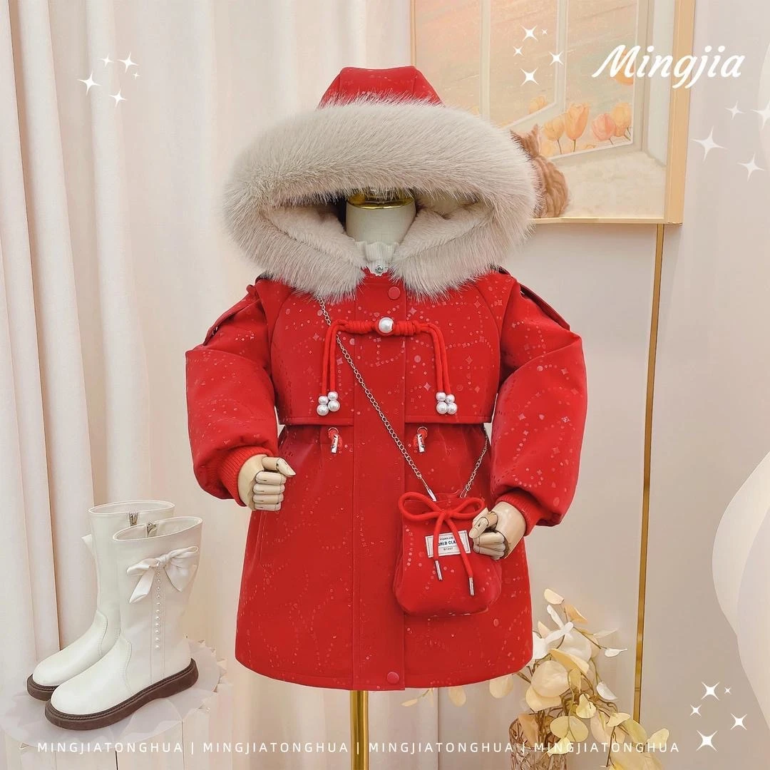 女童派克服2024新款冬装儿童洋气毛领皮衣中大童加绒加厚外套秋冬