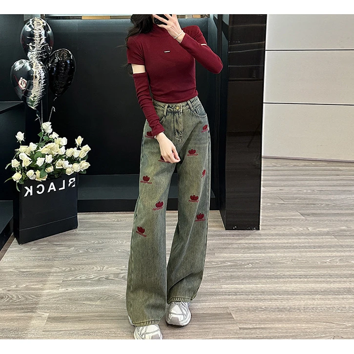 2025春季新款半高领带袖子设计感上衣女时尚显瘦阔腿牛仔裤套装