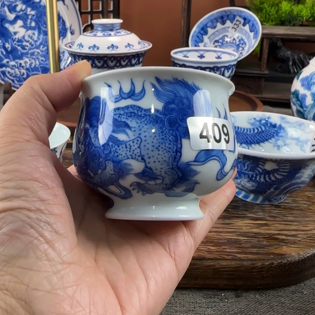 狗*草景德镇陶瓷皮球花盖碗狮子杯