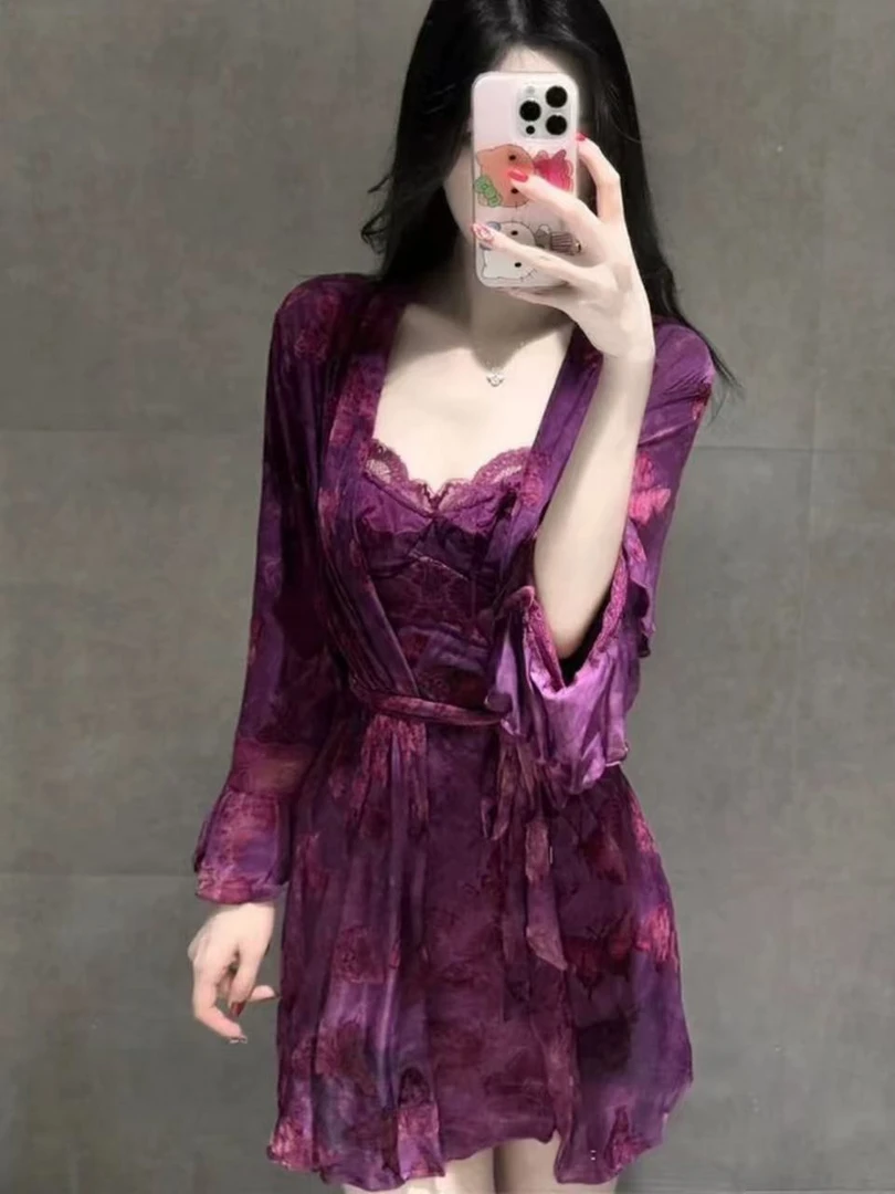 蝴蝶*植绒设计蝴蝶睡衣时尚吊带纯欲性感睡裙显瘦家居服外袍套装