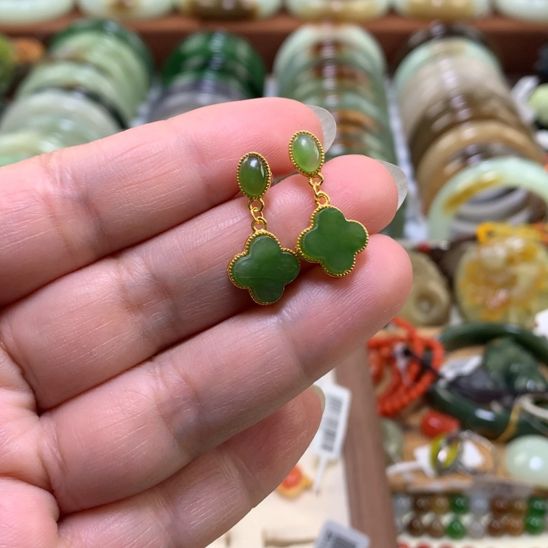 和田玉（碧玉）银S925镶嵌耳饰