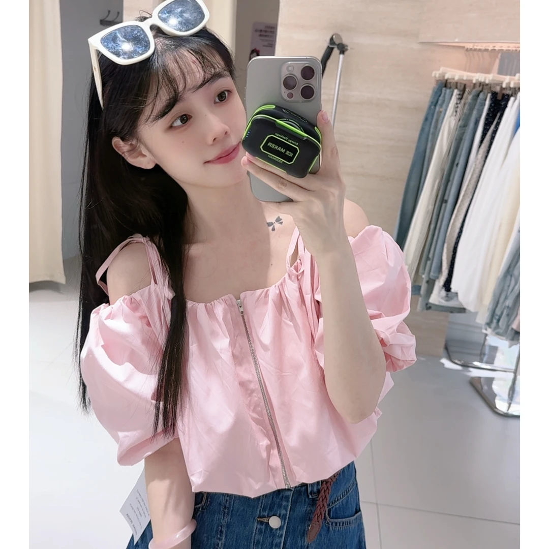 828拉链吊带一字肩上衣