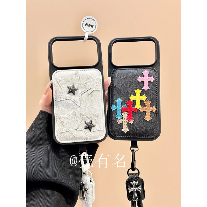 韩系压印星星克罗心十字架挂绳适用苹果17手机壳iPhone16/15/14皮