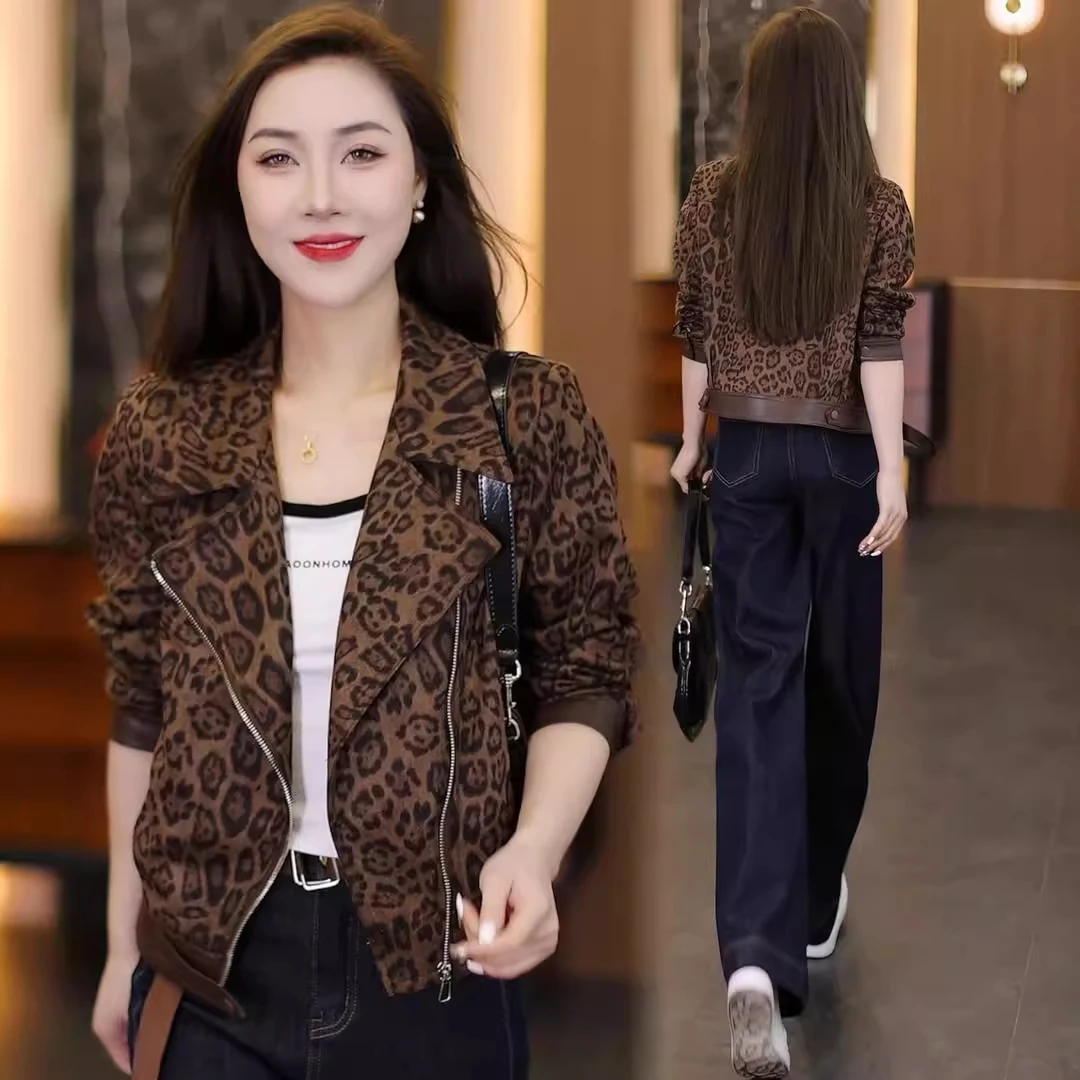 2025春季新款高级感复古豹纹外套女欧洲站时尚百搭机车服夹克上衣