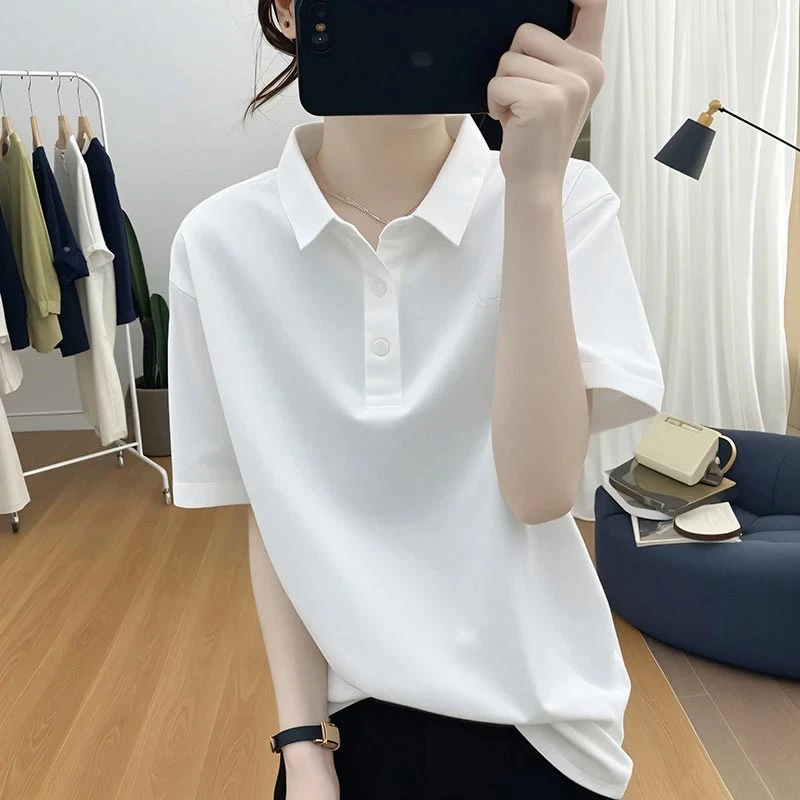 欧货POLO领白色短袖t恤女2025夏季新款时尚宽松打底衫多巴胺上衣