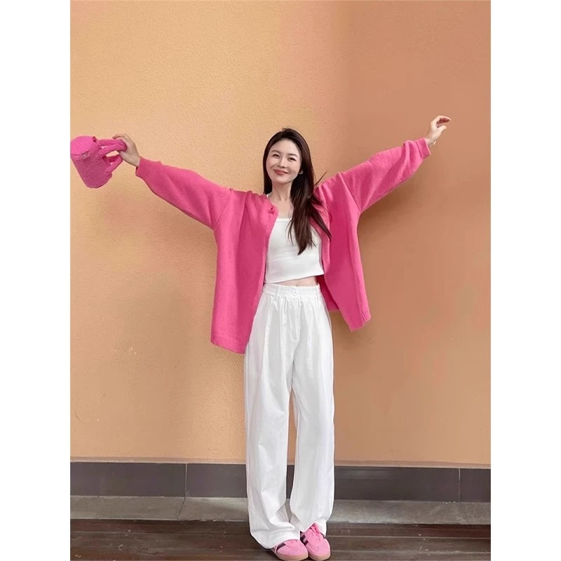 奶系穿搭秋装搭配一整套大码胖mm树莓粉色针织外套休闲长裤两件套
