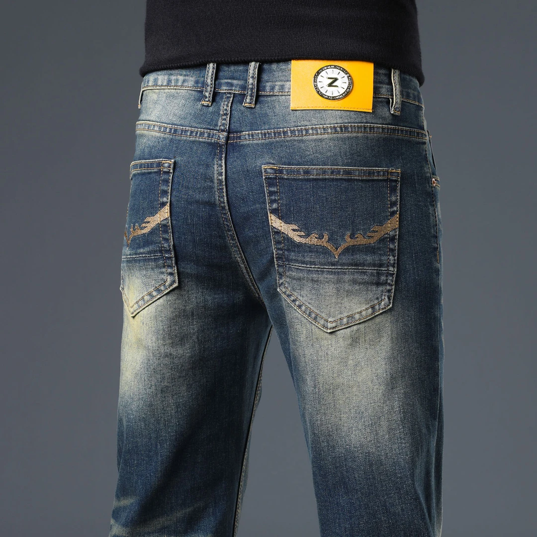 高端潮流时尚牛仔裤男修身直筒棉弹百搭春秋季新款复古水洗牛仔裤