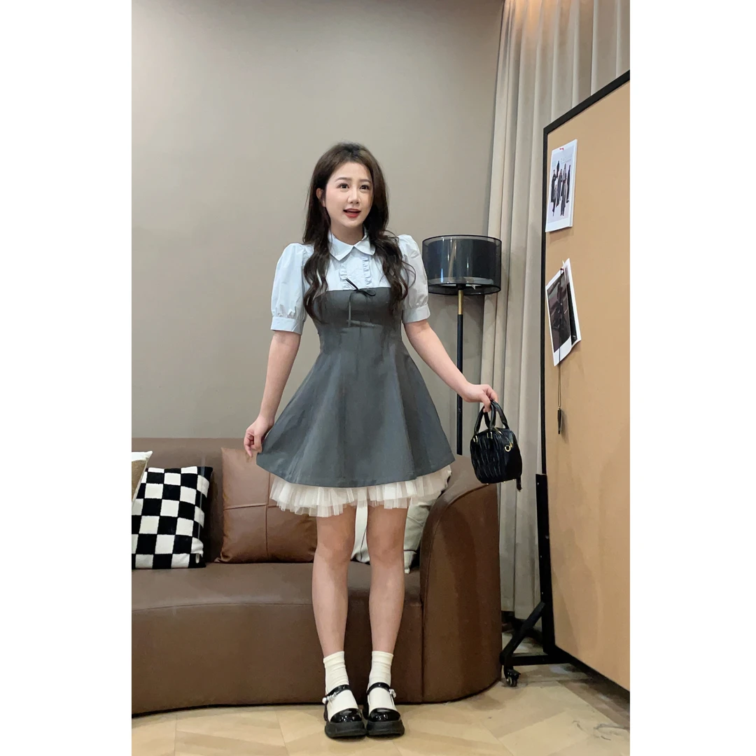 【清清价】气质拼接假两件收腰连衣裙夏季微胖显瘦 P225Q04761