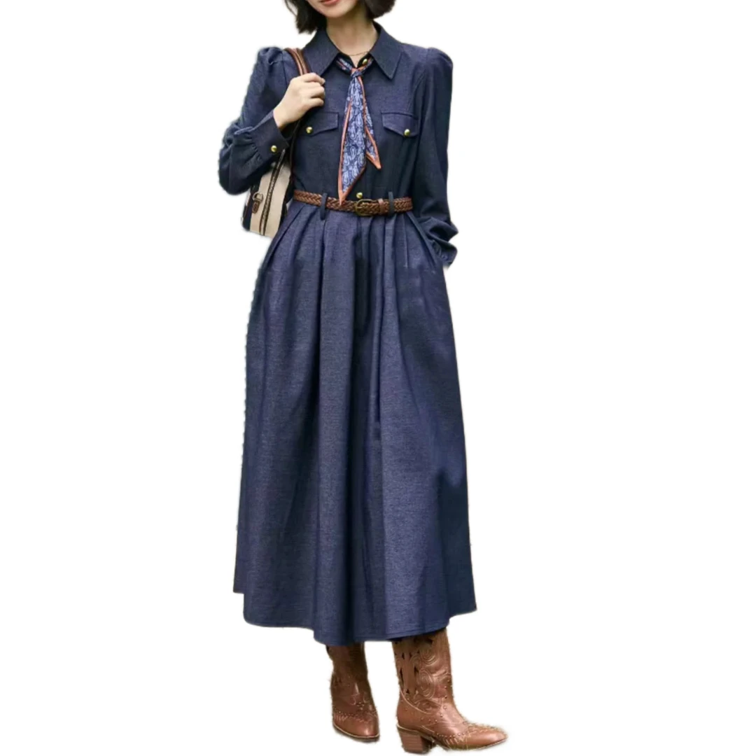 连衣裙翻领刺绣宽松连衣裙气质民族风中长款复古