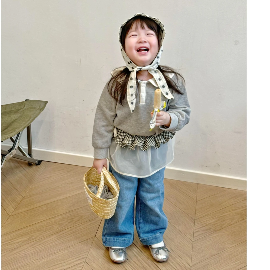 《小思家》2025女童韩版春季新款娃娃领卫衣网格P帘翻边牛仔裤套装