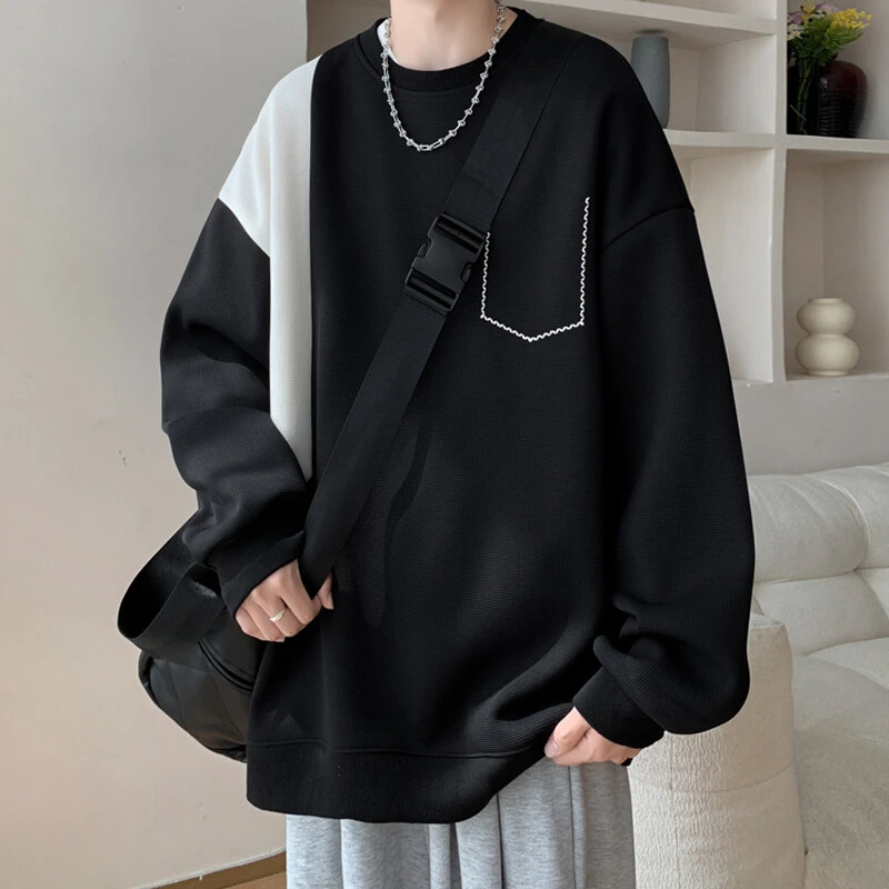 新款秋冬加绒卫衣男港风大码百搭美式休闲长袖拼接宽松圆领上衣