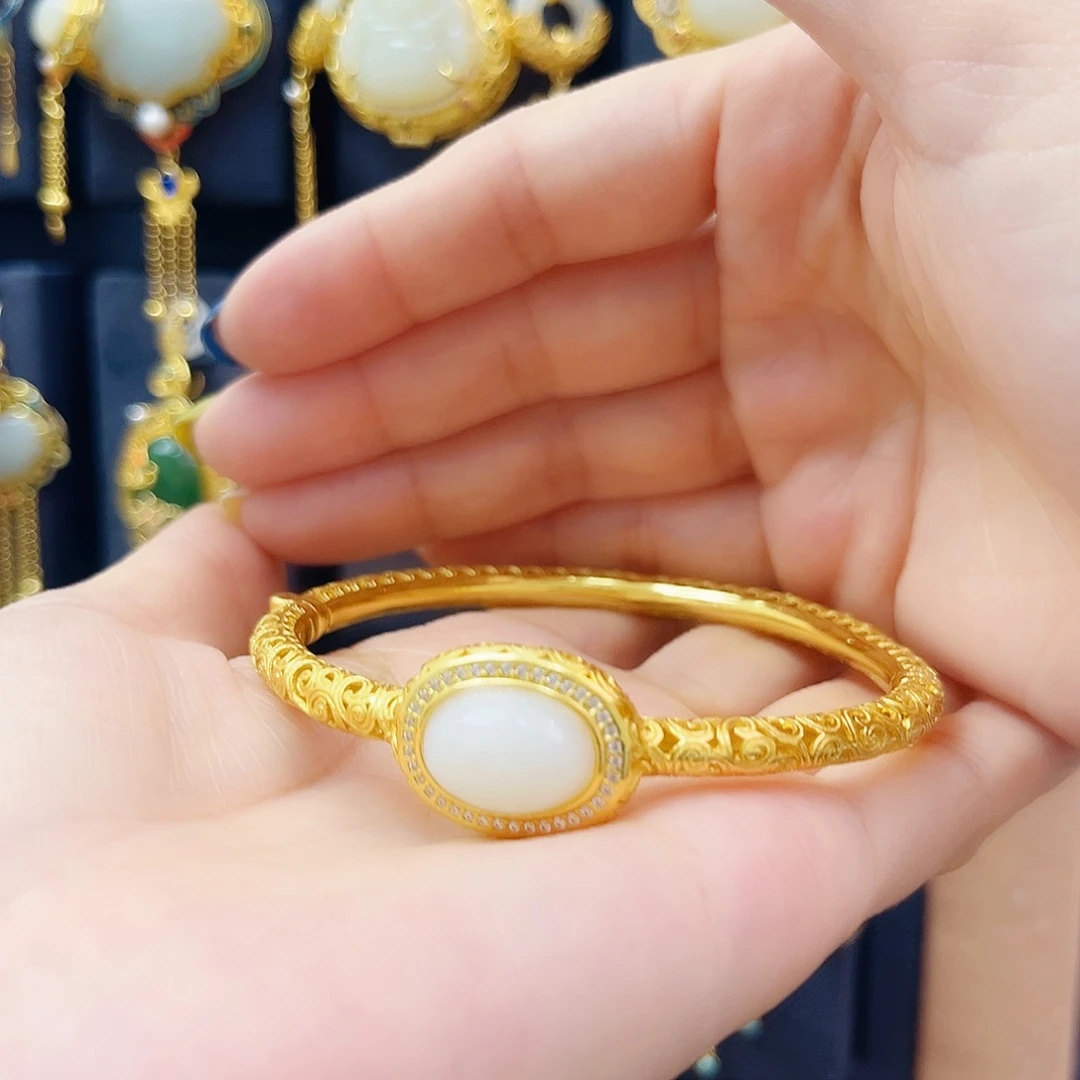 和田玉银S925镀金镶嵌手镯