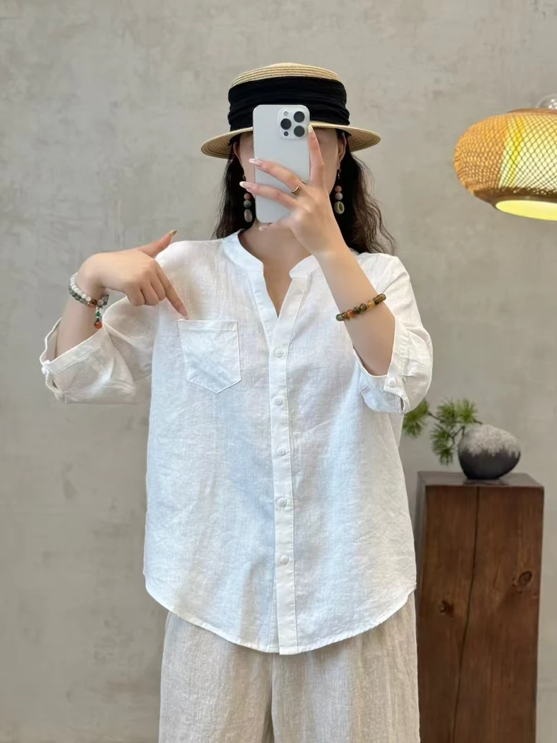 100%亚麻V领夏季韩版透气纯色百搭衬衫宽松时尚衬衣休闲文艺显瘦