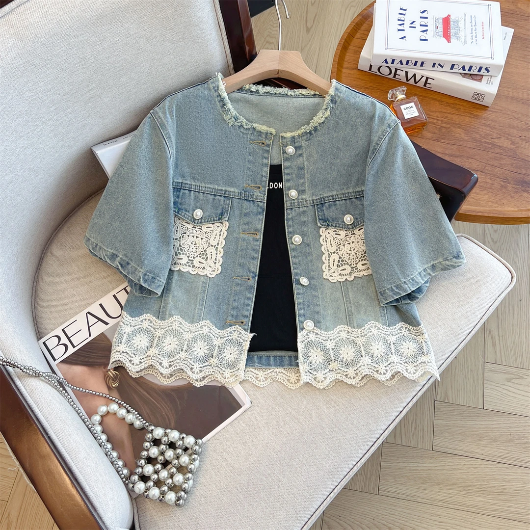 欧货复古蕾丝拼接短袖牛仔外套女夏季薄款2025新款配裙子外搭上衣