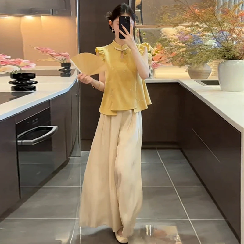 新中式国风套装女士夏季高级感轻奢气质立领盘扣马甲两件套阔腿裤