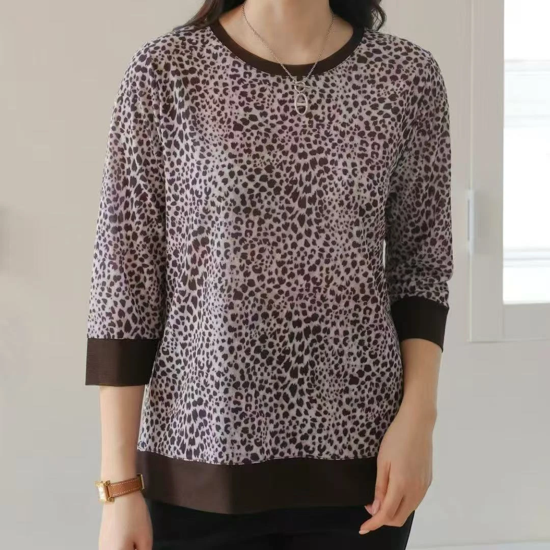 【香香优选】韩国圆领豹纹中袖衫春季新款女士时尚洋气舒适百搭轻薄