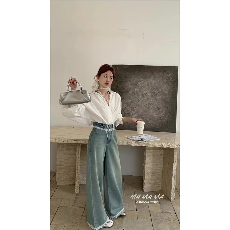 韩系学院风V领白色衬衫女春秋季宽松衬衣外套蕾丝花边阔腿裤套装