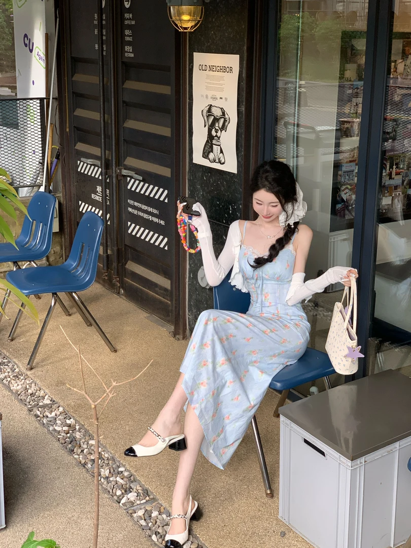 【雅乔定制】冰蓝花蔓 清新小蔷薇碎花吊带连衣裙DYCC-25058213