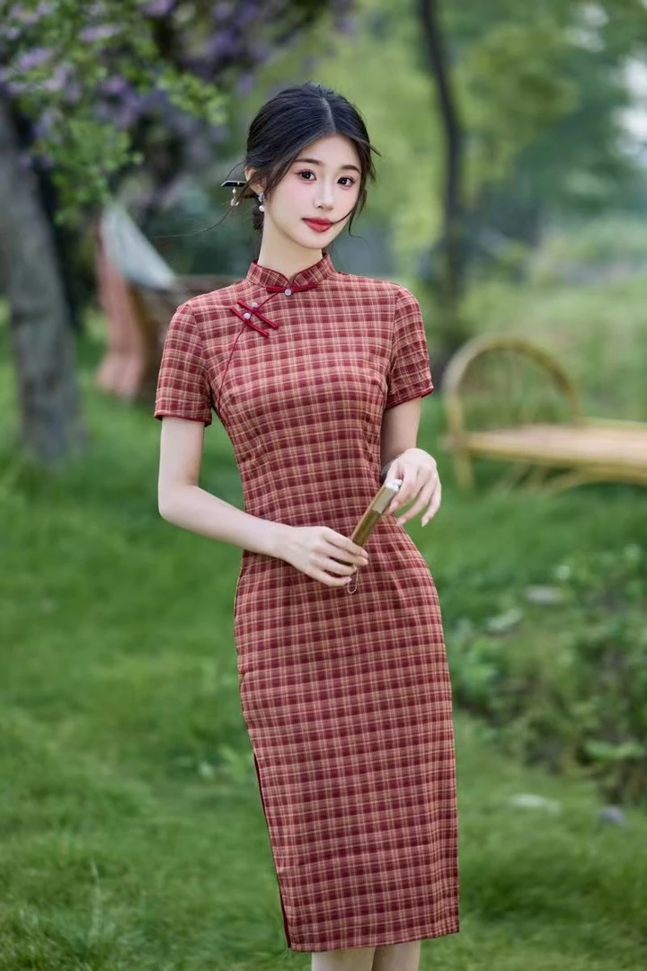 格子-2025年新款文艺风格子中长款旗袍复古修身显瘦气质高雅