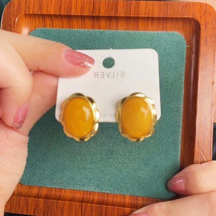 蜜蜡银S925镶嵌耳饰耳钉