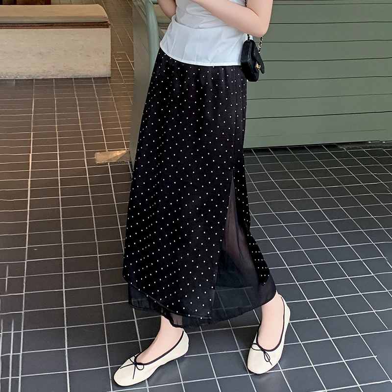 波点网纱拼接半身裙女2025夏季新款高腰显瘦时尚气质A字中长款裙