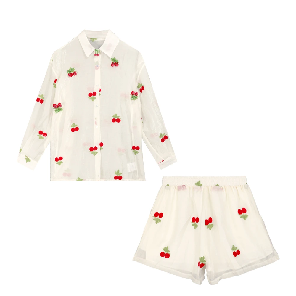 RATZ52931春夏新款时尚百搭翻领单排扣刺绣显瘦长袖衬衫短裤套装