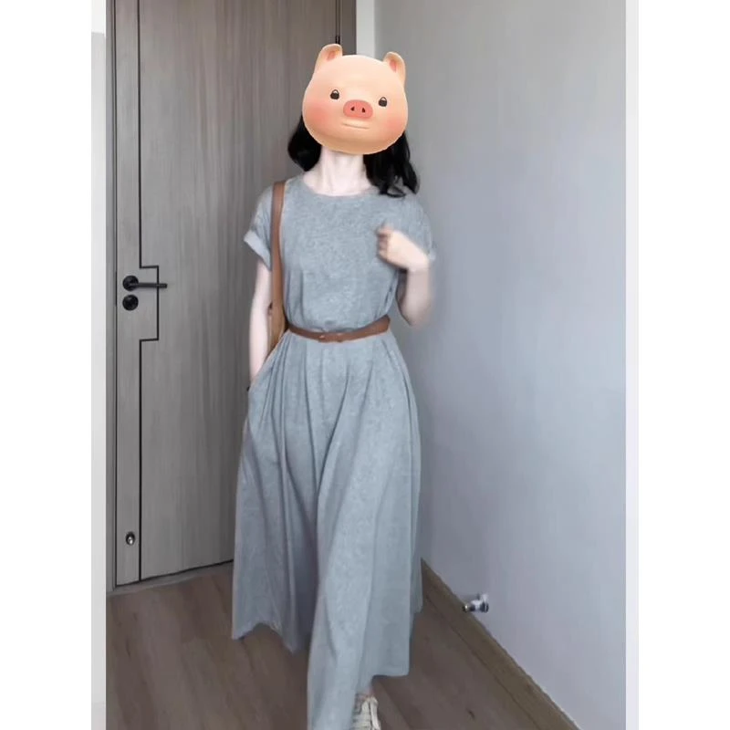 法式母亲节气质灰色短袖连衣裙女洋气小众超好看收腰长款裙子