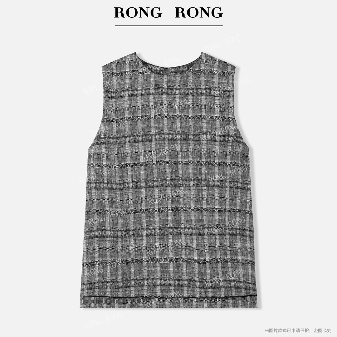 溶溶【复古文学】RONGRONG 100亚麻法式撞色花纹无袖上衣50052909