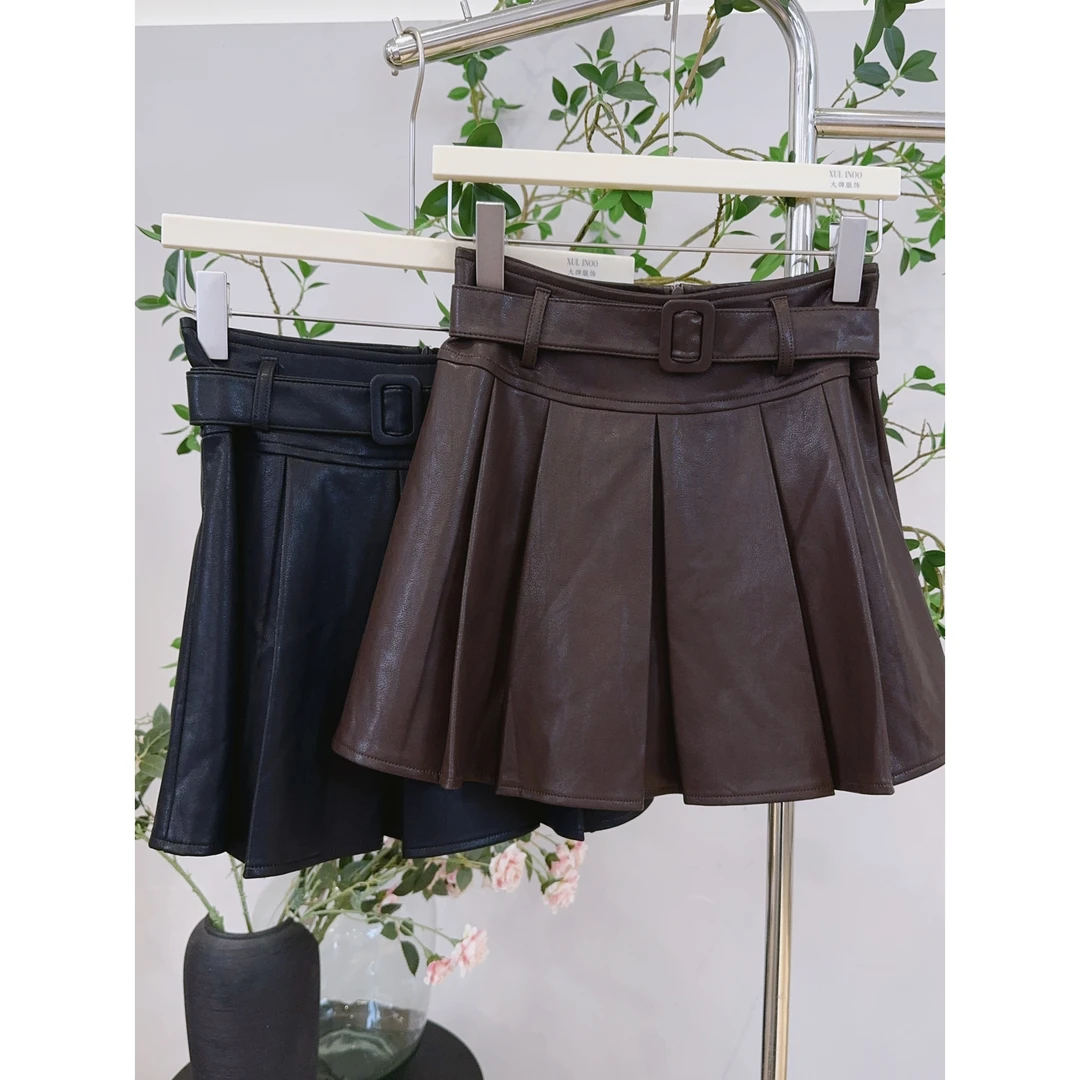 丨早秋新款休闲时尚高腰显瘦A字百褶短皮裙1295