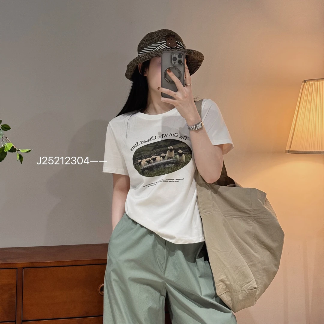 韩版时尚百搭休闲设计感印花小羊女款圆领短袖T恤-J25212304