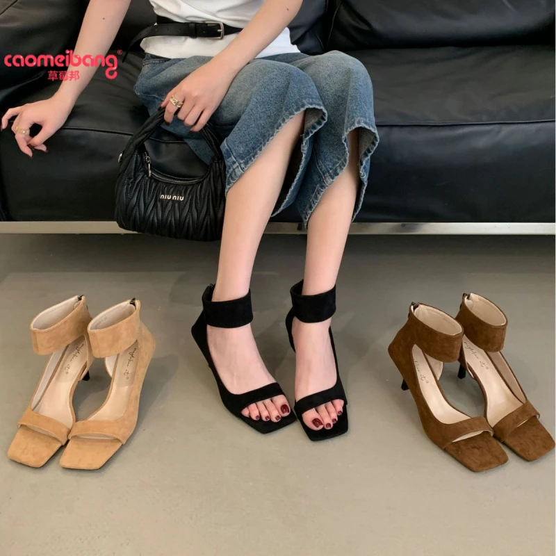 气质时尚露趾网红法式黑色复古夏季高跟鞋女鞋单鞋+草莓邦细跟