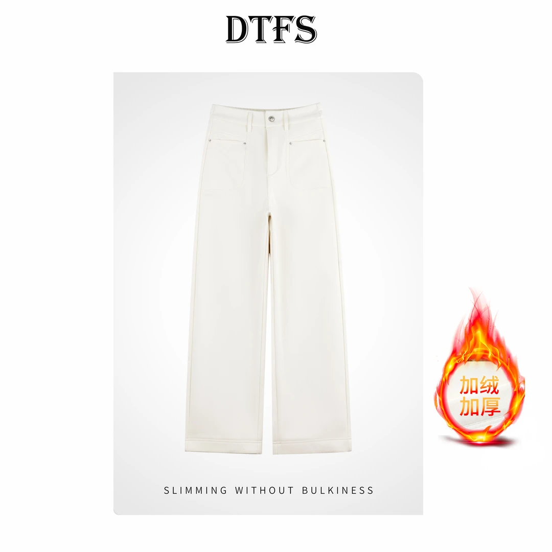 【大婷】欧货半松紧腰加绒保暖休闲直筒裤2025秋冬时尚百搭长裤8933