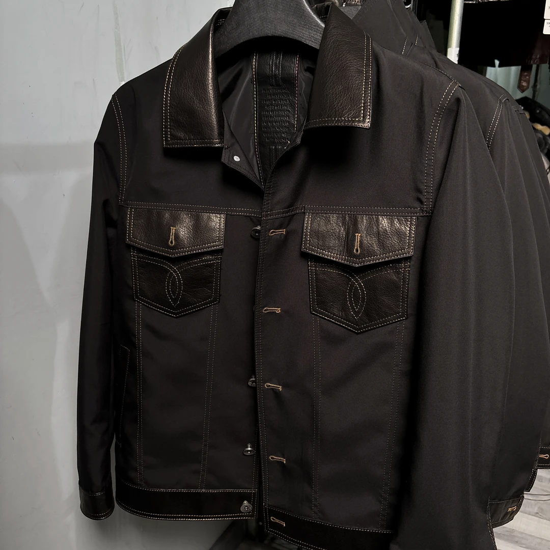 皮配布牛仔 男士真皮皮衣春秋皮配布牛仔休闲时尚外套