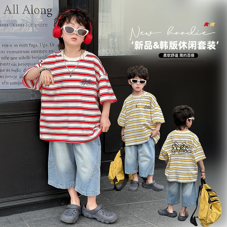 儿童2025夏季韩系时尚洋气条纹短袖t恤男孩帅气百搭休闲宽松上衣