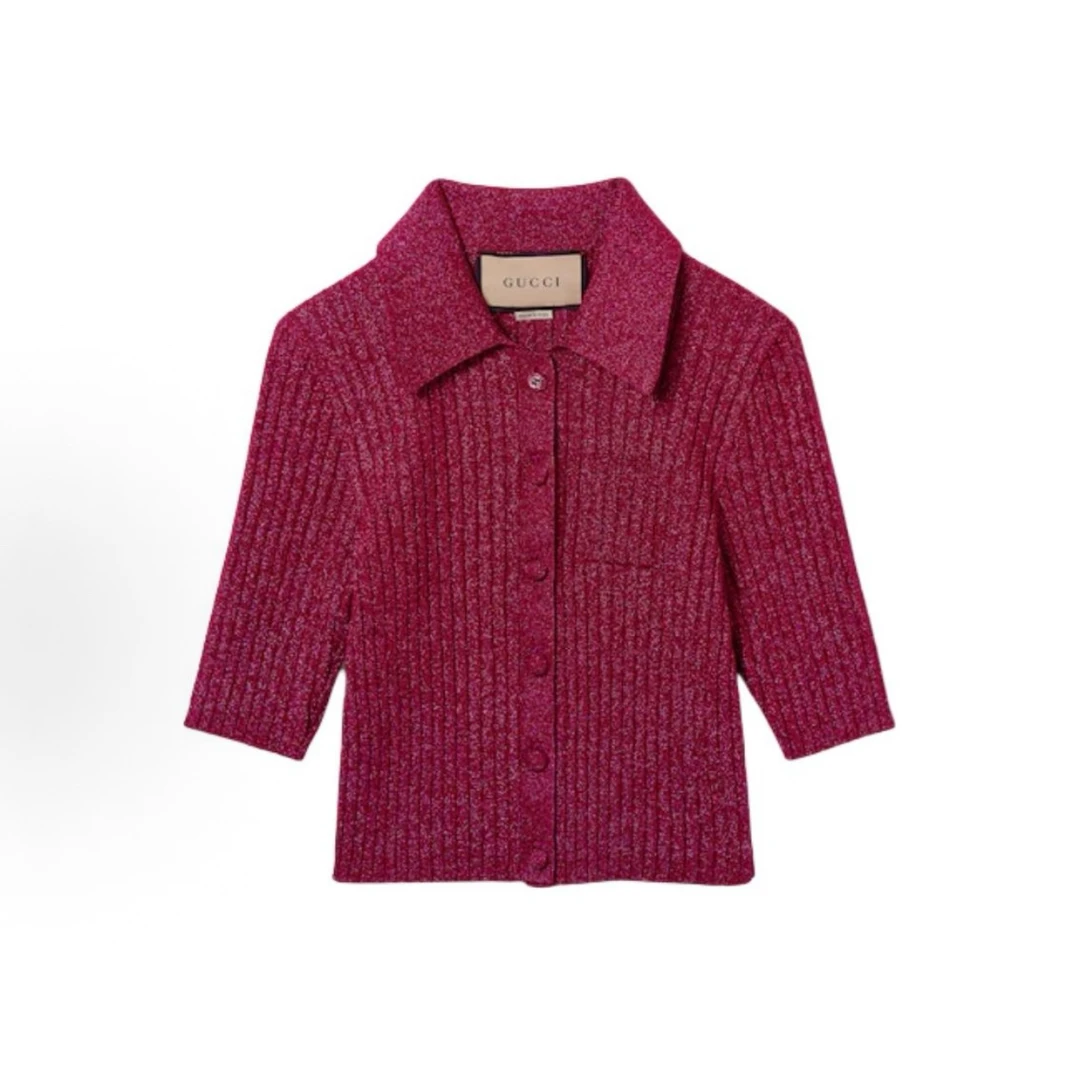 未使用 GUCCI/古驰 紫红色 POLO领短款短袖开衫 领后LOGO刺绣