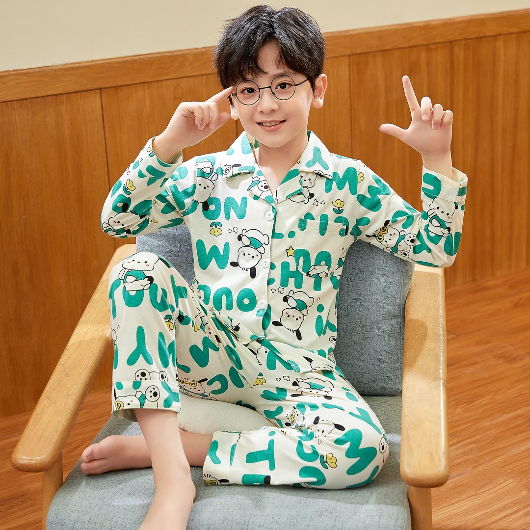 春秋款儿童睡衣男童精梳棉长袖翻领卡通格子男孩中大童家居服套装