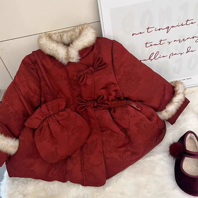 8892新中式大红花国风外套女童拜年刺绣棉服加厚保暖棉衣