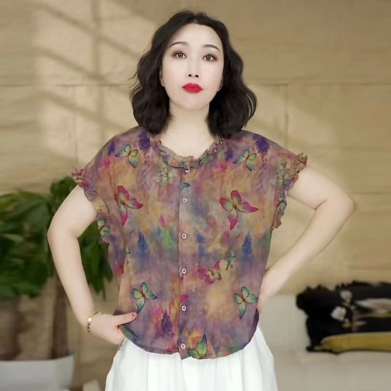 夏季新款中年女时尚减龄上衣衬衫高档妈妈装轻薄透气短袖衬衣开衫