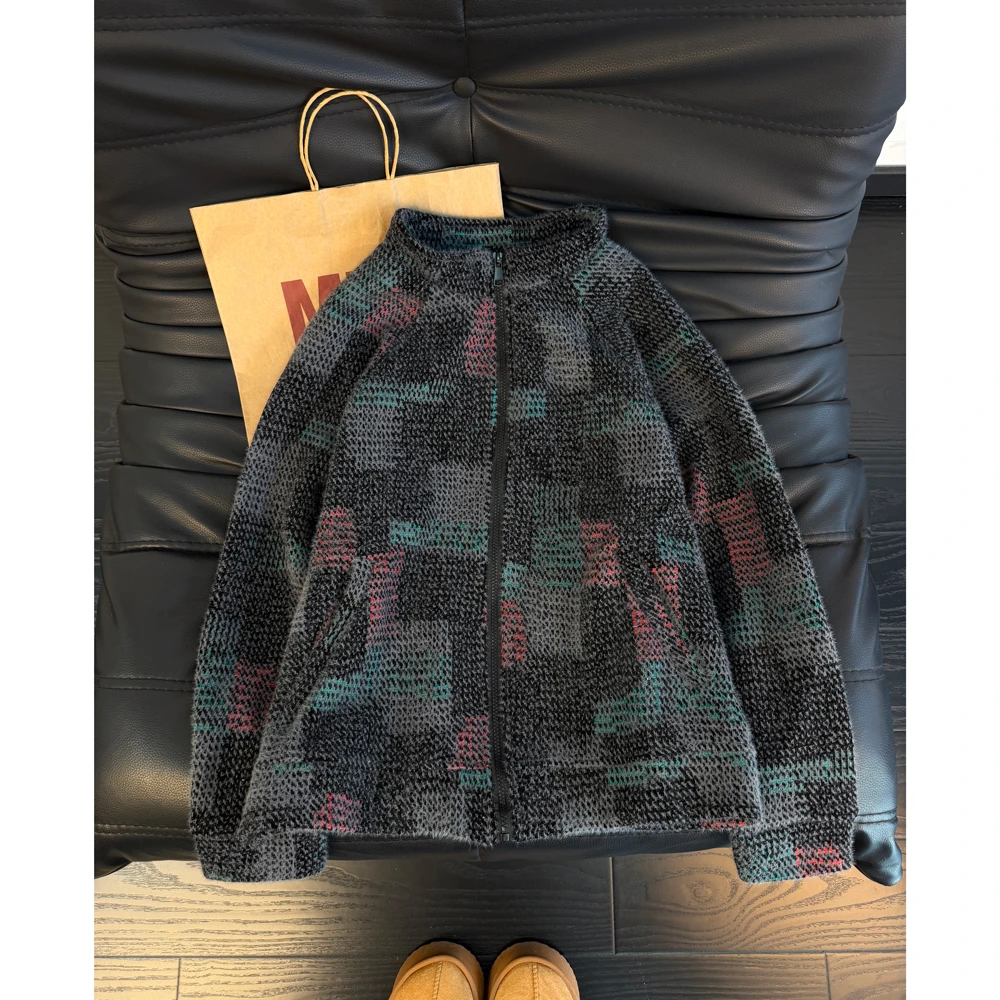 七彩格子小香风开衫卫衣男秋冬美式复古痞帅立领外套潮牌情侣上衣